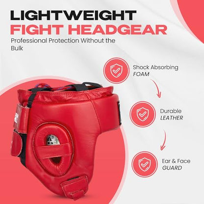 Boxing Headgear for Men & Women – MMA & Muay Thai Sparring Gear, Five Star AIBA-Approved Leather Head Guard - color: Red