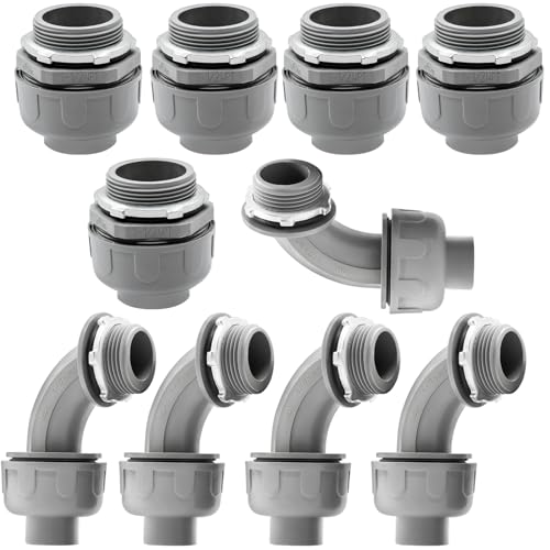 10 Pack 1-1/2 Inch Liquid Tight Connectors - PVC Electrical Conduit Fittings, Straight, 90 and 180 Degree Non-Metallic Flexible Connectors for Home, Bathroom, and Kitchen, Gray - size: 1-1/2 Inch 10-Pack (90D+180D)