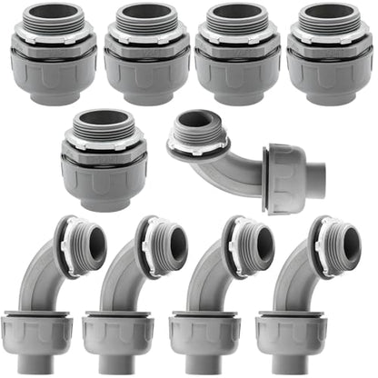10 Pack 1-1/2 Inch Liquid Tight Connectors - PVC Electrical Conduit Fittings, Straight, 90 and 180 Degree Non-Metallic Flexible Connectors for Home, Bathroom, and Kitchen, Gray - size: 1-1/2 Inch 10-Pack (90D+180D)