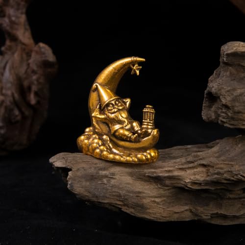 100% Solid Brass Crescent Moon Gnome Figurine, Vintage Desk Decor