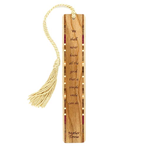 Mother Teresa Smile Quote Personalized Wooden Bookmark | Inspirational Kindness Reading Gift for Book Lovers | Handmade Wood Bookmark with Gold Tassel | Made in the USA - size: Personalized, style: Mother Teresa Quote
