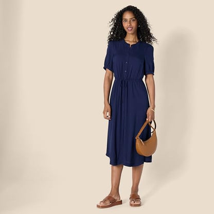 Amazon Essentials Women's Relaxed Fit Half-Sleeve Breathable Button Front Drawstring Waist Midi A-Line Dress with Pockets - color: Navy, size: X-Small