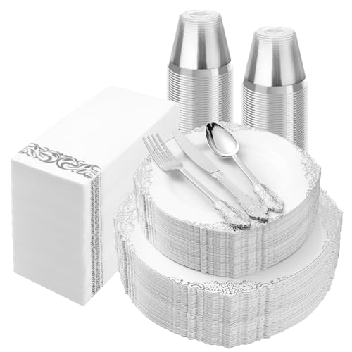 Bestluck 350PCS Silver Disposable Dinnerware for 50 Guests - color: Silver, size: 50 Guests