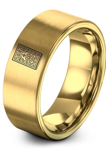 Gift for Muslim Devotee - Prayer Rug Pattern Ring - Black Yellow Rose Gold - Band - Anniversary Wedding - Personalized Custom Engraving - Flat Dome Bevel - 8mm - Men Women - Tungsten Carbide - color: 15 - Yellow Gold Tungsten