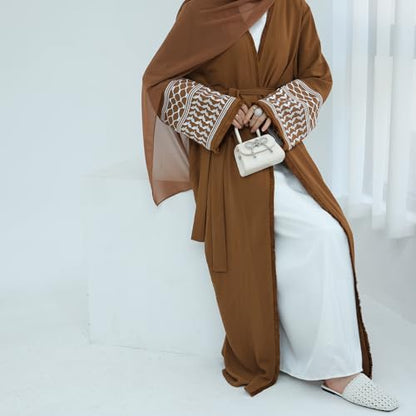 Muslim Abayas for Women Long Sleeve Embroidered Open Front Cardigan Turkey Dubai Maxi Kaftan Dress Ramadan Kimono with Belt - color: Coffee, size: Small