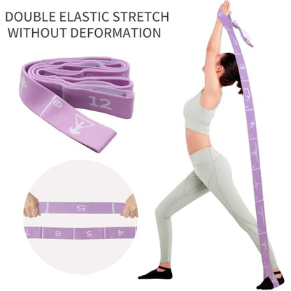 Yoga Strap with 10/12 Loops - Multi-Functional Stretch Band for Pilates, Dance, Gymnastics, Physical Therapy, Flexibility & Resistance Training, Ballet, Latin Workouts - color: Purple