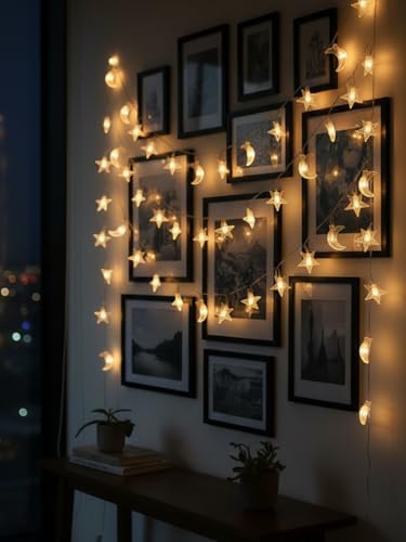30 LED Star and Moon String Lights, Warm White Decorative Fairy Lights for Nursery, Bedroom, and Wedding Decor, Battery Operated - style: White Star Moon