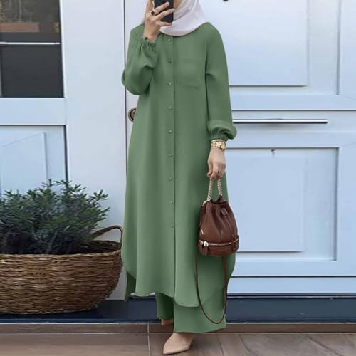 Women's Muslim 2 Pieces Sets Long Sleeve Button Down Shirt and Pants Abaya Casual Dress Dubai Outfits - color: Sage Green, size: XX-Large