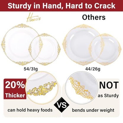 Hioasis 175pcs Clear and Gold Plastic Plates - Elegant Disposable Dinnerware Set Suitable for 25 Guests Include 10.25" Dinner & 7.5" Dessert Plates, Pre Rolled Silverware Set, Cups for Party & Wedding - color: Clear and Gold