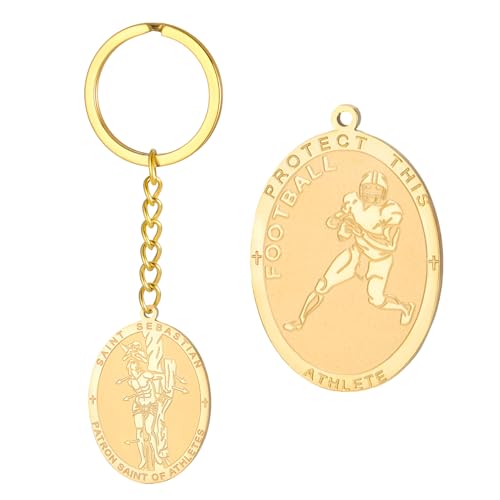 Dreamtimes St. Sebastian Medal Keychain for Men Women Stainless Steel Religious Saint Patron of Athletes Catholic Keychain - style: Football-g