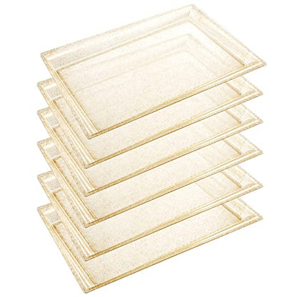 I00000 6 Pack Gold Glitter Plastic Serving Tray, 15" x 10" Crooked Food Trays, Clear Disposable Serving Platter for Parties, Weddings - color: Gold Glitter