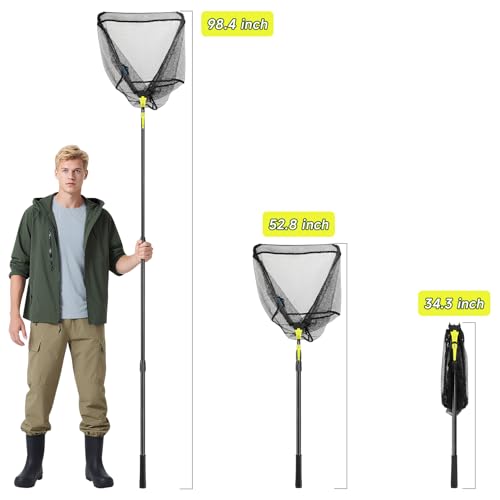 SANLIKE Foldable Fishing Landing Net, Telescopic Aluminum Pole Fishing Net | Fast folding fishing landing net for easy carrying,soft mesh safeguards fish during freshwater lake, river and pond shore - size: 98 inch