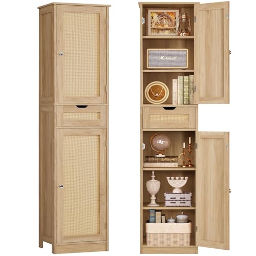 67" H Tall Storage Cabinet with 2 Rattan Doors and 1 Drawer, Narrow Rattan Cabinet with Adjustable Shelves, for Living Room, Entryway, Kitchen, Natural - color: Natural