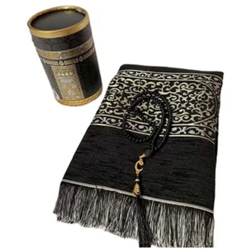 Muslim Prayer Rug & Beads Set with Stylish Cylinder Gift Box Janamaz Sajadah Ultra-Soft Taffeta Prayer Mat Perfect Islamic Spiritual Gift for Ramadan Islamic Black - color: Arabesque