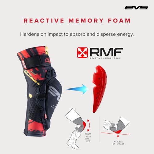 EVS SLAYCO96 AXELL Hodges, Moto Knee/Shin Guard, Reactive Memory Foam | CE Level 3 knee protection with RMF impact foam, breathable Hexprene compression fit, floating sleeve, bio-foam shin coverage - color: Explosion, size: Small-Medium