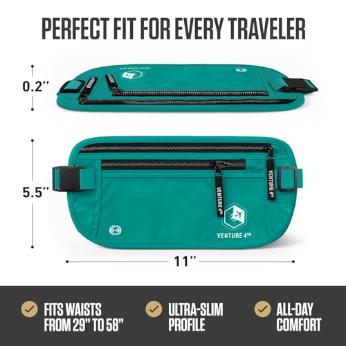 VENTURE 4TH Money Belt for Travel – Slim Hidden Under-Clothes RFID Blocking Anti-Theft Passport Holder & Travel Wallet Pouch for Men & Women to Protect Cash, Cards & Documents (Turquoise) - color: Turquoise