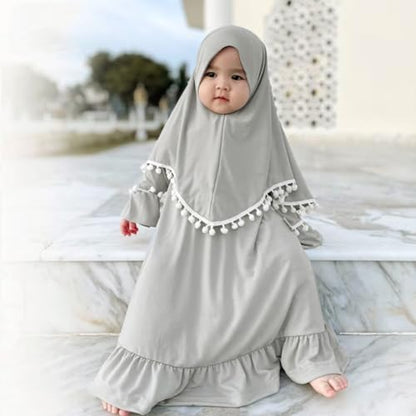 IBTOM CASTLE Abaya for Baby Girls with Hijab 2PCS Muslim Prayer Clothes Long Bell Sleeve Middle East Dubai Islamic Clothing - color: Silver Grey, size: 18-24 Months