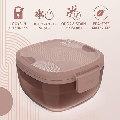 Bentgo Glass Prints Salad Container - 7.6-Cup Tinted Glass Salad Bowl with Airtight Lid, Leak-Proof Sauce Container, 4-Compartment Bento Meal Prep Tray & Reusable Fork (Mod Curve - Desert Rose) - color: Mod Curve - Desert Rose