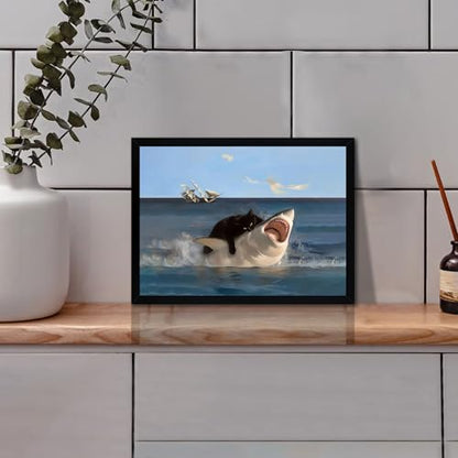 ICHZUMW Framed Funny Black Cat Biting Shark Ocean Canvas Wall Art 12x16 In - color: Black Shark Rider, size: 16"L x 12"W