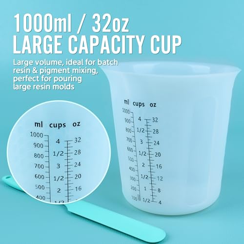 Silicone Resin Mixing 1L Measuring Cup Set for Resin Supplies, Easy-to-Read Marks, 1000ml/32oz Large Cup, 500&250&100ml Thickened Reusable Silicone Cups for Epoxy Mixing, Jewelry Making - size: 1000+500+2*250+4*100ml (Black Marks)