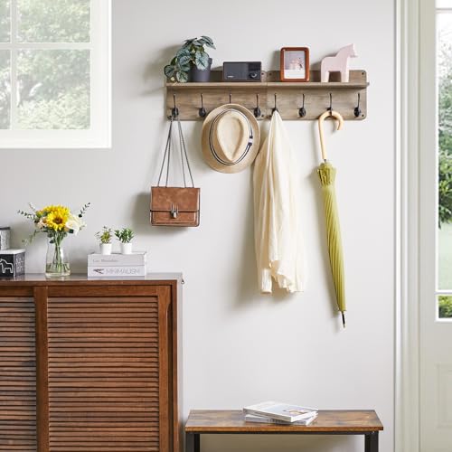 31.5" Coat Rack Wall Mount with Shelf and 8 Hooks, Silver Gray, HWS006Y-2 | 2 Pack Coat Hooks Key Holder Wall Mount, Wood Wall Mounted Coat Rack with Wall Hooks for Hanging, Towel Hooks for Bathroom - color: Silver Gray