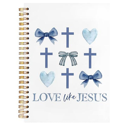 BearCake Love Like Jesus Christian Notebook Journal, Christian Gifts for Women, Blue Coquette Bow Cross Prayer Journal for Woman, Bible Journaling Hardcover Spiral Notebook 5.5x8.3 - color: white Bible-love like jesus