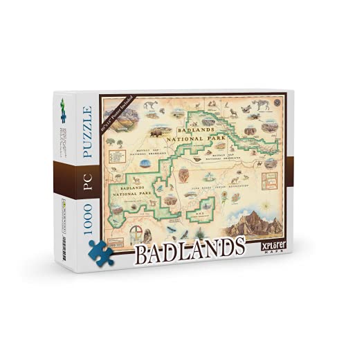 Badlands National Park Map Jigsaw Puzzle – 1000 Pieces, Hand-Drawn Artwork, Educational Family Puzzle, Includes Poster – 19.8” x 26.4” - color: Badlands National Park
