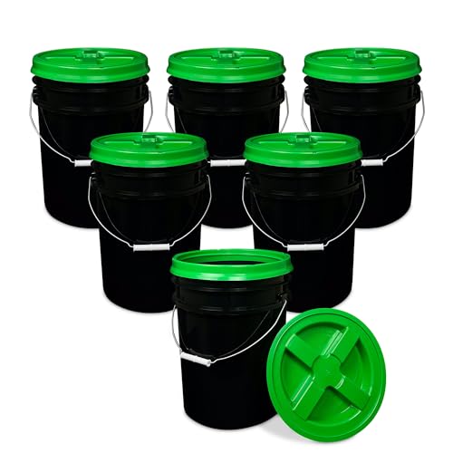 5 Gallon Bucket - Food Grade w/Lid BPA-Free, Black/Green, 6 | Airtight Gamma Seal Screw-On Lid, Heavy-Duty 90 Mil HDPE Plastic, Food Safe and Durable Container, Bulk Storage, Made in USA - color: Black/Green, size: 6 Packs