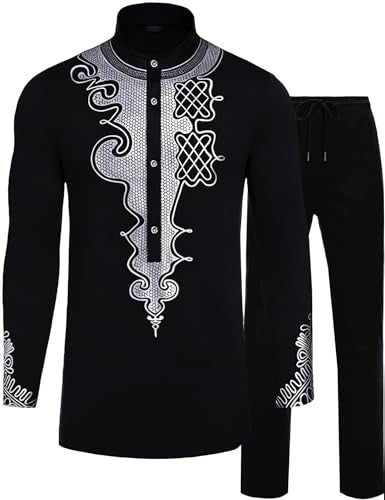 African Suits for Men African Outfits Dashiki Metallic Printed Suit - color: Black Silver, size: X-Large