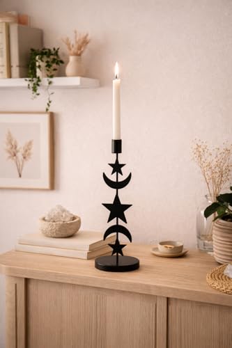 Metal Moon Star Candle Holder - 11 Inch Black Taper Candlestick Holder for Table Centerpiece - Modern Celestial Decorative Candle Stand for Mantel, Dining Room or Boho Home Decor (1 Pack)