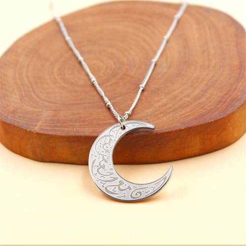 Stainless Steel Arabic Moon Pendant Necklace - Islamic Allah Symbol Jewelry for Men and Women - Religious Amulet Talisman Gift YA4979 - color: white moon pendant necklace