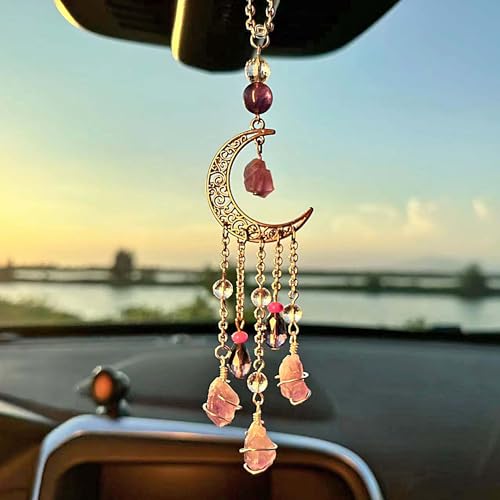 Hanging Car Charm, Handmade Car Mirror Hanging Accessories Rear View Mirror Decorations Crystals Stones Ornament Car Decor for Women Healing Crystal Accessories (Amethyst Crystals Moon) - color: Amethyst Crystals Moon