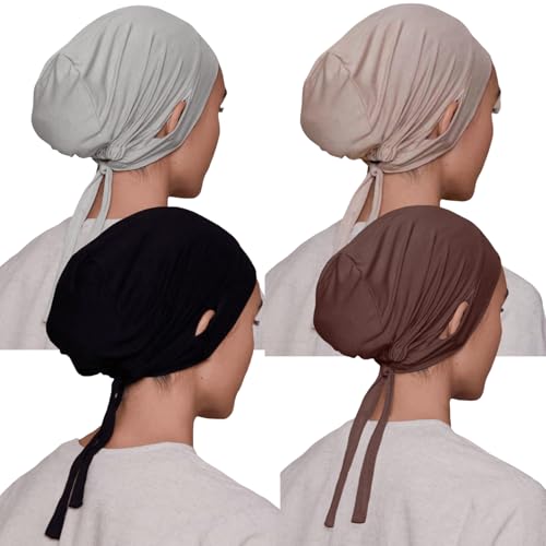 Qianmome 4 Pieces Jersey Drawstring Women Under Hijab Cap With Ear Hole Inner Hijab Cap - color: 4pcs Style B