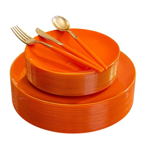 DaYammi 150Pcs Orange Plastic Plates & Gold Cutlery Set - Orange Disposable Plates with Gold Rim Includes 30 Dinner Plate,30 Dessert Plate,30 Knives,30 Forks,30 Spoons Perfect for Party Wedding - color: Orange Gold