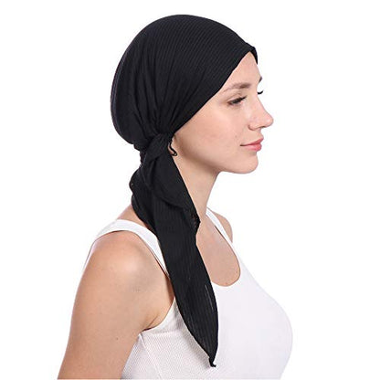 Instant Hijab Solid Beaded Long Tail Turban Wrap Cap Soft Stretchy Breathable Muslim Hair Baseball Hat - color: 01#_black