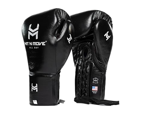 HIT N MOVE All Day Pro Balance Sparring and Bag Boxing Gloves LACE UP, Boxing Gloves Men & Women, Boxing Equipment, Sparring & Bag Gloves for Boxing, Kickboxing, Muay Thai, MMA - color: Black, size: 14 OZ