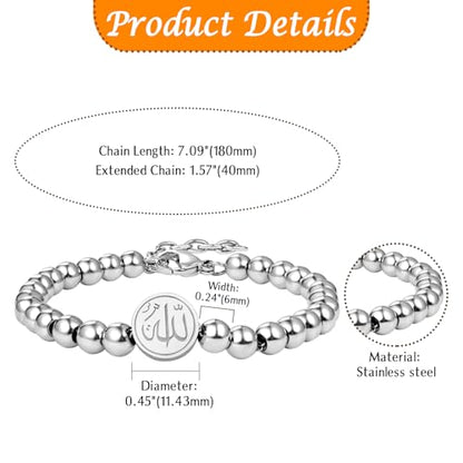 Aroncent Allah Stainless Steel Bracelet: Black Beaded Chain Islamic Jewelry - Ramadan Eid Gift for Men and Women - color: silver