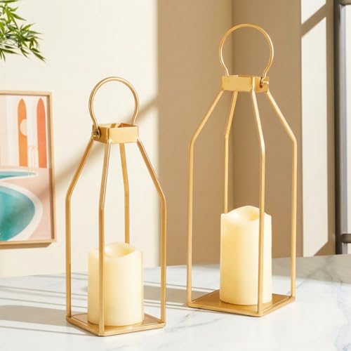 Perfnique Modern Farmhouse Lantern Decor, 15'' 12.6'' Set of 2 Gold Metal Lanterns, 2 LED 6hr Timer Flameless Candles ＆ Remote Timer, Lanterns Decorative for Outdoor, Porch, Fireplace, Patio - color: 15inch & 13inch (Gold)