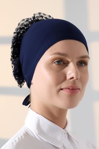 ihvan online Hijab Cap, Head Scarf Beanie, Volumizing Non Slip Head Wraps for Women, Hijab Undercap with Tie-Back Closure - color: Navy Blue