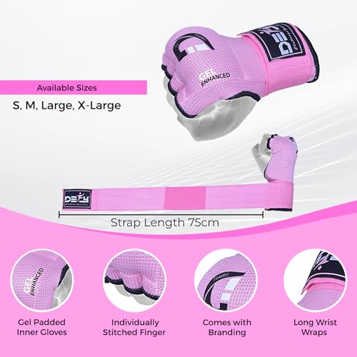 DEFY Padded Inner Gloves Quick 75cm Long Strap – Inner Boxing Gloves Gel Padded Knuckle Protection – Elasticated Boxing Hand Wraps for MMA Muay Thai Kickboxing Martial Arts Pair - color: Pink, size: X-Large