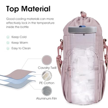 sportsnew 40oz Insulated Crossbody Water Bottle Bag Gym Hiking Phone Pocket | Water-resistant Lining, Padded Strap, Top Handle, Drawstring, Phone Pocket, Elastic Slots, Built-In Key Clip for Gym Walking - color: Pink