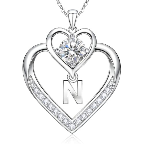 RIVIKO 1 Carat Moissanite Heart Initial Necklace for Women,Letter Pendant - color: Letter N
