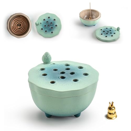 Zen Incense Burner with Lotus Lid Design (Lake Blue), Ceramic Incense Holder for Bakhoor, Stick, Powder, Cone, Coil, and Tower Incense, Home Fragrance Decor