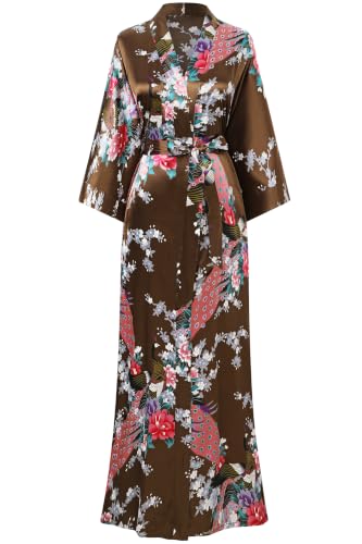 BABEYOND Women's Kimono Robe Long Satin Robes with Peacock and Blossoms Printed Kimono Nightgown - color: Coffee, size: One Size