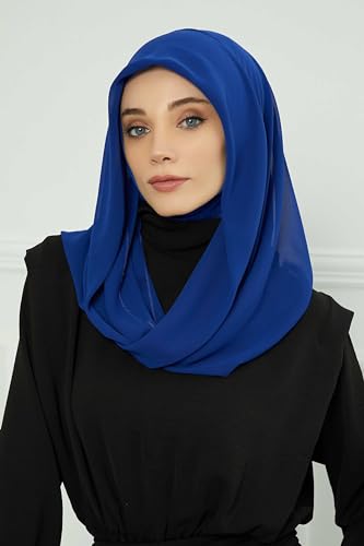 Aisha's Design Pre-tied Cotton-Chiffon Scarf for Women Practical Veil Instant Scarf Hijab Stylish Design - color: Sax Blue