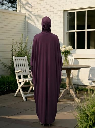 Women's Solid Muslim One-Piece Prayer Dress Abaya Kaftan with Hijab Full Length Dress - color: Purple