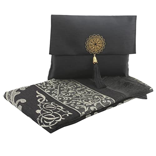 Muslim Prayer Rug and Beads with Elegant Slub Fabric Bag | Janamaz | Sajadah | Soft Islamic Prayer Rug | Islamic & Mawlid Gifts | Prayer Carpet Mat, Taffeta Fabric (Black, 8 Sets) - color: Black, size: 8 Sets