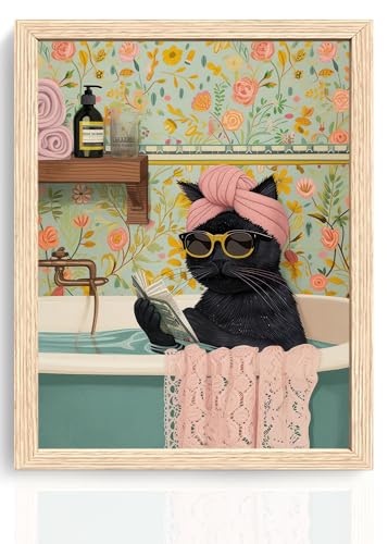 ICHZUMW Framed Funny Black Cat in Bathtub Canvas Bathroom Wall Art 8x10 In - color: Spa Kitty, size: 10"L x 8"W