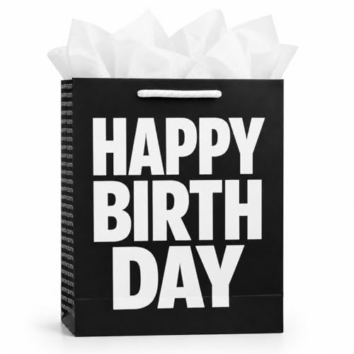 Birthday Gift Bag with Tissue Paper – Medium/Large Color Gift Bag with Handles (Pink, Blue, or Black) – Premium Paper Gift Bag for Birthday Gifts, Party Supplies, Gift Wrapping Alternative (BLACK) - color: Birthday Black