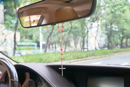 Pink Catholic Car Rosary – 2PCS Hanging Rosary with Rose Beads and Sparkling Rhinestone Cross for Rearview Mirror, Mini Religious Charm for Women, Cute Car Accessories